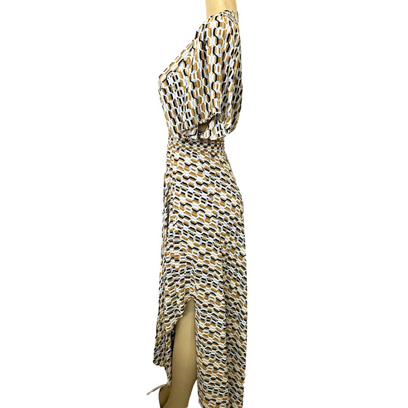 MAJE Rachelli Shirred Printed Crepe De Chine Midi Dress Light Blue Beige… - Picture 7 of 11